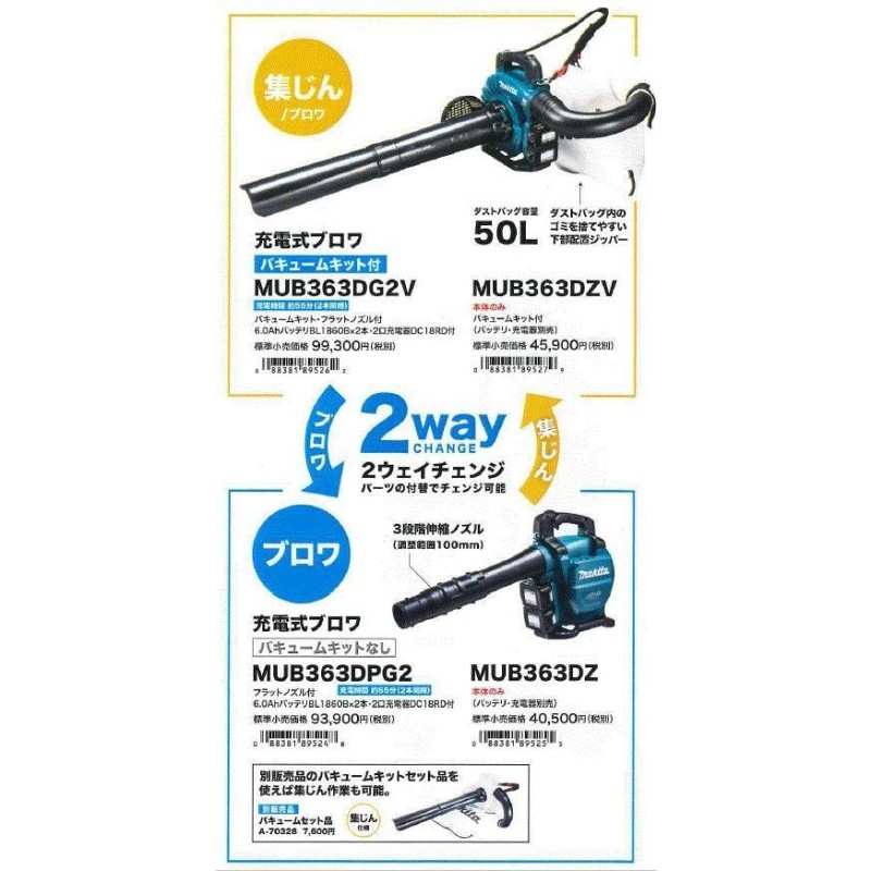 マキタ(makita) 集塵機能付 充電式ブロア MUB363DZV バキュームキット