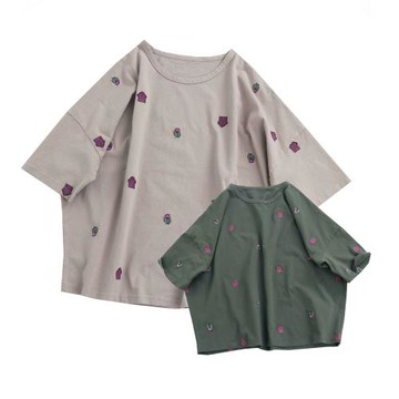 日單新款刺繡套頭上衣文藝短袖T恤女寬松休閑百搭圓領半袖上衣