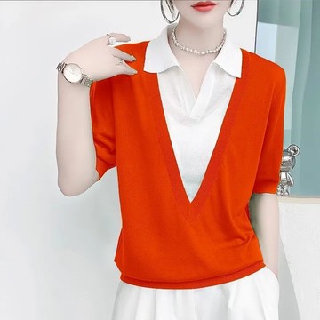 衣時尚 針織上衣 短袖T卹 毛線衣 新款氣質通勤假兩件短袖上衣V型撞色套頭時尚冰絲針織衫-5412.