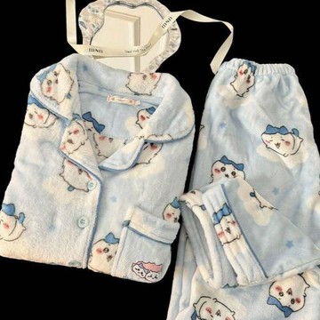 新款法蘭絨睡衣女秋冬季卡通可愛小八加絨珊瑚絨學生家居服兩件套