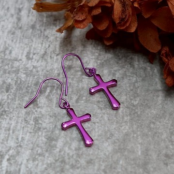 【日本製 Horie】鈦愛飾品系列-純鈦耳勾式十字耳環-粉紫