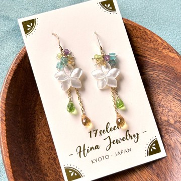雞蛋花長耳環 14KGF 白蝶貝 黄水晶 橄欖石 / 耳夾 / 八月誕生石