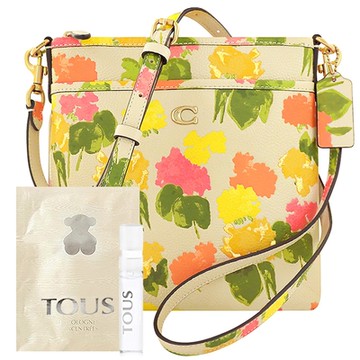 COACH 專櫃款奶茶色彩繪花朵斜背包+TOUS隨身小香