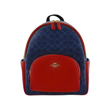 COACH 丹寧藍C LOGO PVC拼接熱情紅荔枝紋皮革拉鍊雙層多口袋後背包