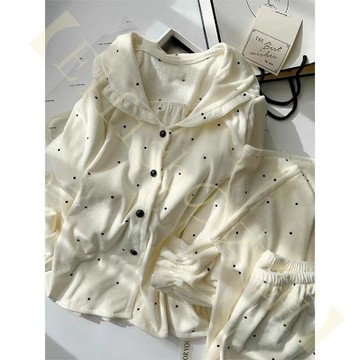 韓版公主風甜美波點睡衣女 2025新款荷葉邊德絨秋冬薄絨家居服套裝 居家服 睡衣套裝 長袖長褲 秋冬睡衣 女生睡衣