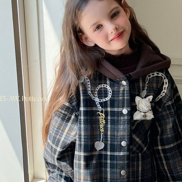 110-160 秋冬選品 ✦ 絨毛小狗刺繡格紋連帽襯衫外套