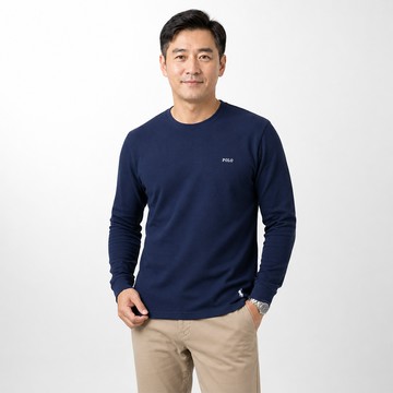 Polo Ralph Lauren RL 熱銷刺繡文字下擺小馬素面長袖T恤-深藍色