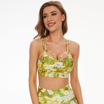 SILVERWIND白鄒菊印花健身外穿前幅抽褶上衣運動綁帶露背瑜伽美背