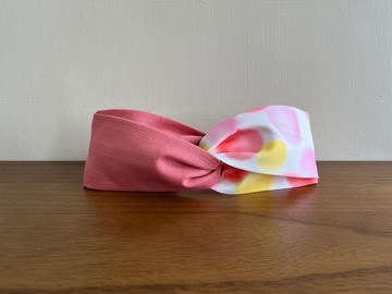 雙拼髮帶 / 粉黃大圓點 - 亮粉