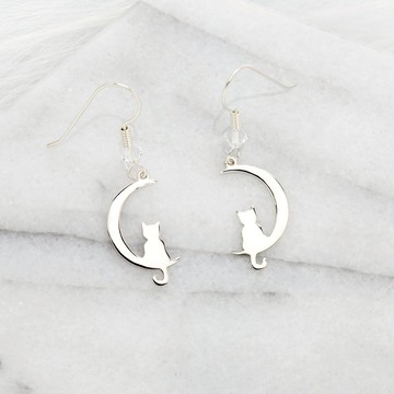 【Angel & Me】月亮 貓咪 s925 純銀耳環 耳勾 (可改夾式) 生日禮