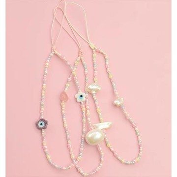 粉粉的米珠珍珠貝殼琉璃個性可愛手機鏈手機防丟裝飾吊墜掛件短