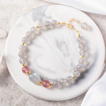 【RADIANT STAR】[水晶]好運相隨灰月光石貔貅草莓晶水晶串珠手鍊-月光石貔貅草莓晶