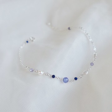 微光 坦桑石 青金石 巴洛克珍珠的925純銀手鍊