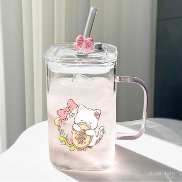 【店鋪熱銷】2025款大容量玻璃杯學生高顔值ins水杯家用耐高溫帶把手吸管杯子