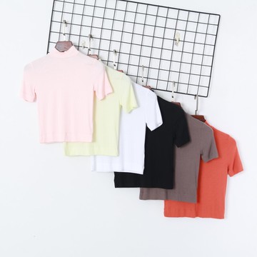 夏季女裝時尚韓版簡約純色優雅半高圓領套頭短袖寬松顯瘦T恤