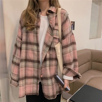 【M-5XL大尺碼】大尺碼上衣 長袖襯衫 寬鬆顯瘦 女裝上衣 襯衫女 春秋季韓版寬鬆格子襯衫女學生中長款大碼女裝200斤