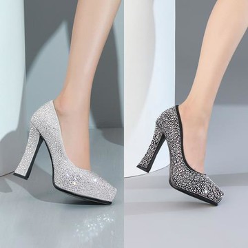 銀色高跟鞋女尖頭淺口粗跟婚鞋防水臺真皮33碼單鞋T臺走秀伴娘鞋