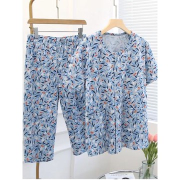 純棉媽媽睡衣睡褲套裝夏天薄款家居服女可外穿短袖短褲長褲兩件套