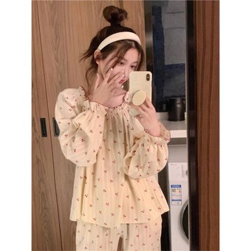 秋冬女士睡衣休閑寬松可愛甜美薄款長袖純棉睡裙家居服套裝可外穿