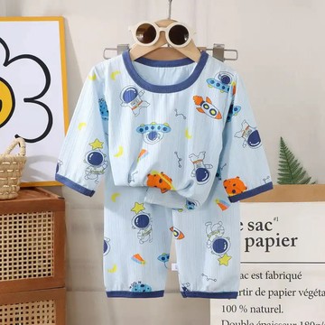 巨舒服~兒童套裝夏家居服薄款七分男童女童空調透氣套裝寶寶卡通睡衣 兒童睡衣 家居服套裝可外穿 夏天衣服 中小童空調服