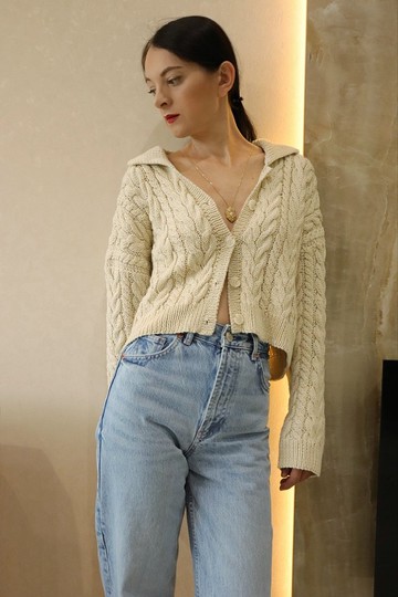 翻領麻花針織開衫 有機棉短款毛衣外套