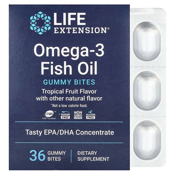 Life Extension, Omega-3 魚油軟糖零食，熱帶水果味，750 毫克，36 粒