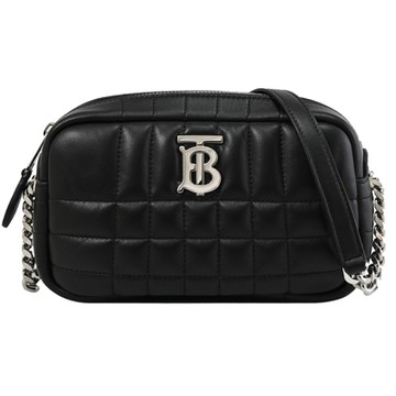 BURBERRY Mini Lola 格紋車線小羊皮斜背包/相機包(黑/銀)