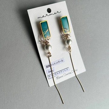 【現貨一件】兩戴式 酒精墨水藝術 藍綠色 長款耳環 醫療級不鏽鋼 縷空設計 獨一無二 過敏友善