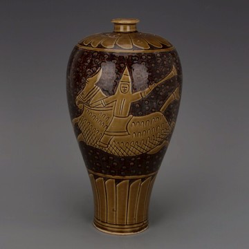 宋 定窯黃釉暗刻戰將人物梅瓶 仿古出土舊貨瓷器手工瓷器家居擺件