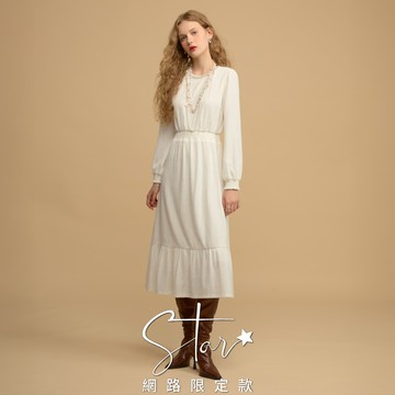 STAR 優雅澎袖收腰磨毛蕾絲長洋裝