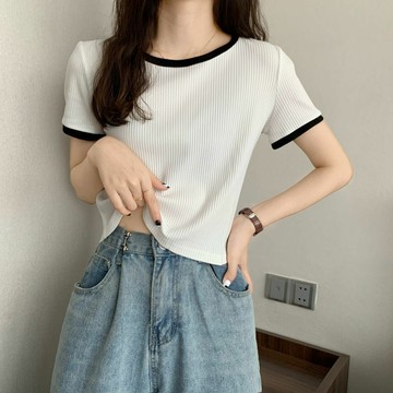 韓版小眾拼色顯瘦百搭短袖上衣【T468】