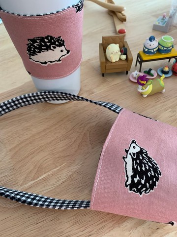 文青風環保手提杯袋 刺蝟樂悠遊 浪漫粉 手工雙面 環保飲料袋 吸