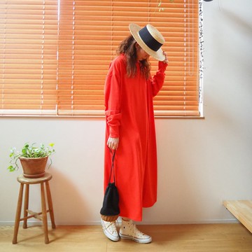 寬鬆 A-Line 純棉長袖連身裙 紅色 | 日本製造