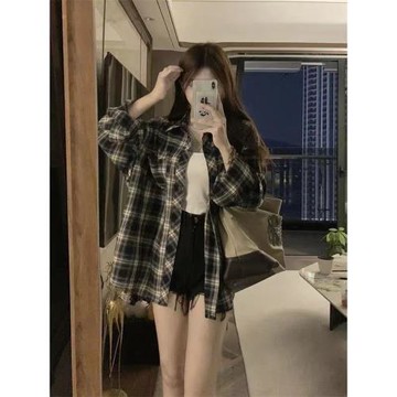 拉夏貝爾美式復古格子襯衫女春季2026年新款寬松長袖襯衣外套上衣