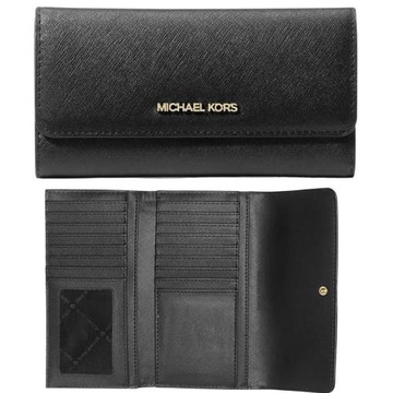 【Michael Kors】金標 三折17卡層掀蓋釦式後拉鍊中長夾-優雅黑