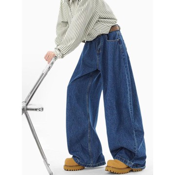 深藍色闊腿牛仔褲男秋季新款復古寬鬆百搭顯瘦垂墜感拖地褲男