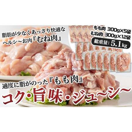 ふるさと納税 国産若鶏5.1kg 小分けパック!カット済み!_MJ-3314_(都城市) もも肉300g×5P むね肉300g×12P 鶏肉 小分け 若鶏 冷凍 宮崎県都城市