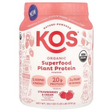 KOS, 有機 Superfood 植物蛋白質粉，草莓奶油味，1.25 磅（570 克）