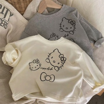 🌸RY🌸 兒童打底衫 兒童長袖T恤 女童長袖上衣 爆款幼兒園T長袖女童春秋新款T恤打底衫卡通Kt貓純棉兒童外穿上衣