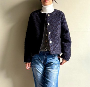藍騎士/海軍藍立體緹花織紋毛料短版外套/義大利毛料