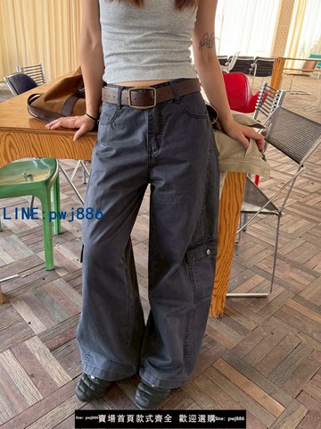 【物美價廉】川川也美式復古水洗做舊多口袋拼接剪裁工裝褲男女寬松直筒休閑褲