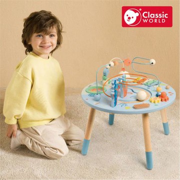 【德國 classic world 客來喜經典木玩】 多功能繽紛海洋趣味遊戲桌(撥珠/齒輪遊戲/滾球軌道/打擊組)