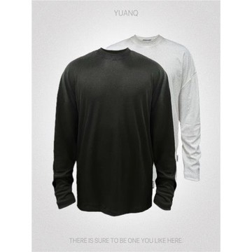 YUANQ基礎慵懶風純色美式長袖春秋原創圓領休閑打底衫T恤cleanfit