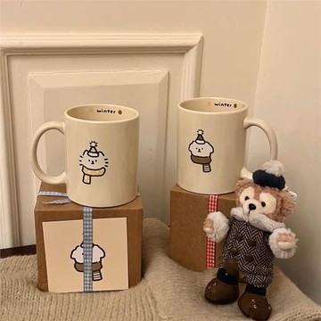 情侶馬克杯|可愛小狗貓貓奶黃色手柄馬克杯咖啡杯生日禮物圣誕