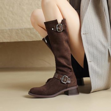 大碼粗跟不過膝長靴女41一43秋冬季絨面百搭中跟高筒靴新款長筒靴