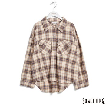 SOMETHING 女裝 格紋寬版長袖襯衫-米白色