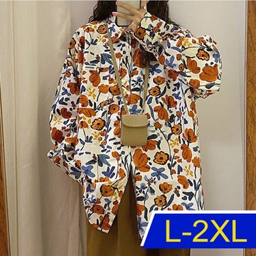 [韓國K.W.]法式滿版印花獨家追加知性襯衫上衣外套(防曬/長袖襯衫/長袖上衣/薄外套)