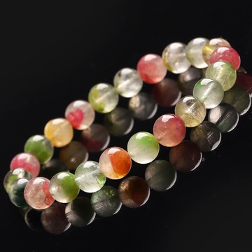 冰糯種-玉化雙色碧璽手鏈女男款  小清新款 圓珠水晶手串飾品