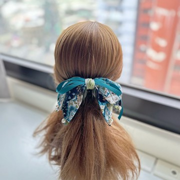 拼接棉布蝴蝶結鯊魚夾抓夾相交夾髮夾髮飾頭飾-藍綠拼接感花布