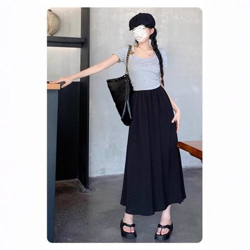 夏季時尚休閑百搭A字半身裙松緊腰垂墜感顯瘦大擺裙長裙裙褲7392#